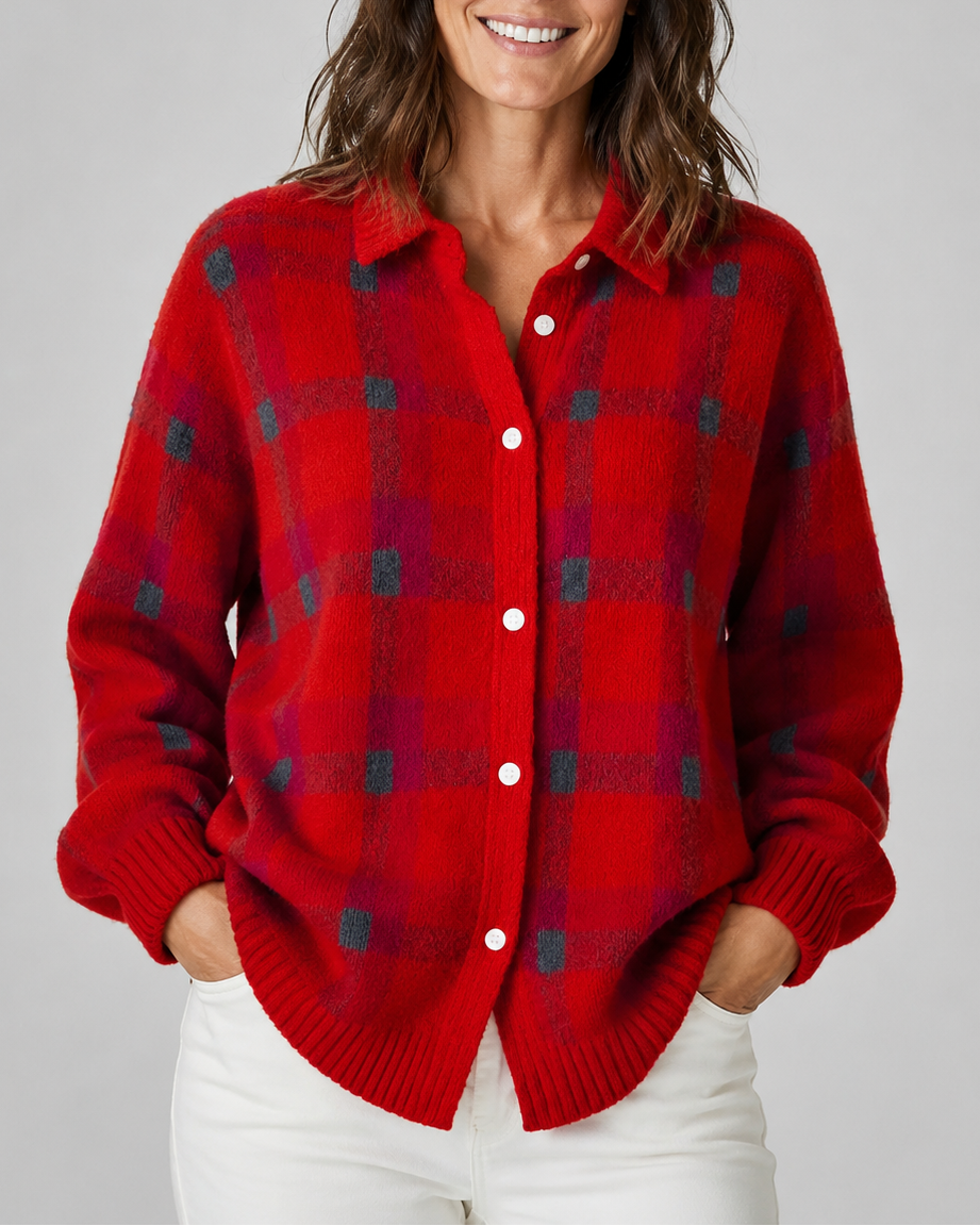 Women's Checked Knit Cardigan with Collar and Button Front