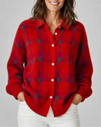 Women's Checked Knit Cardigan with Collar and Button Front