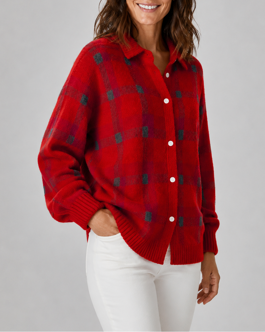 Women's Checked Knit Cardigan with Collar and Button Front