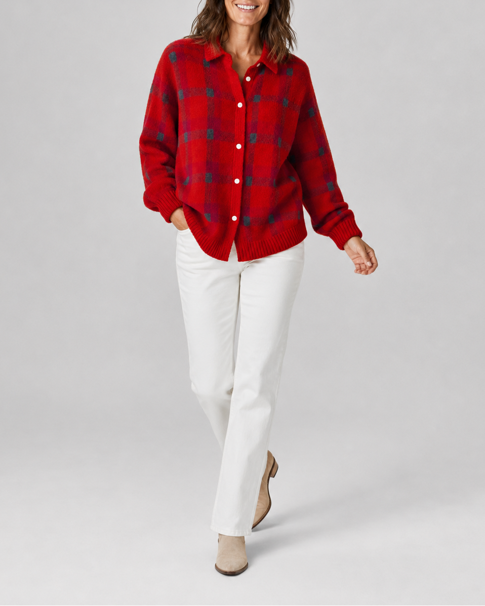 Women's Checked Knit Cardigan with Collar and Button Front