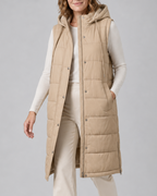 Women's Longline Puffer Gilet with Hood and High Collar