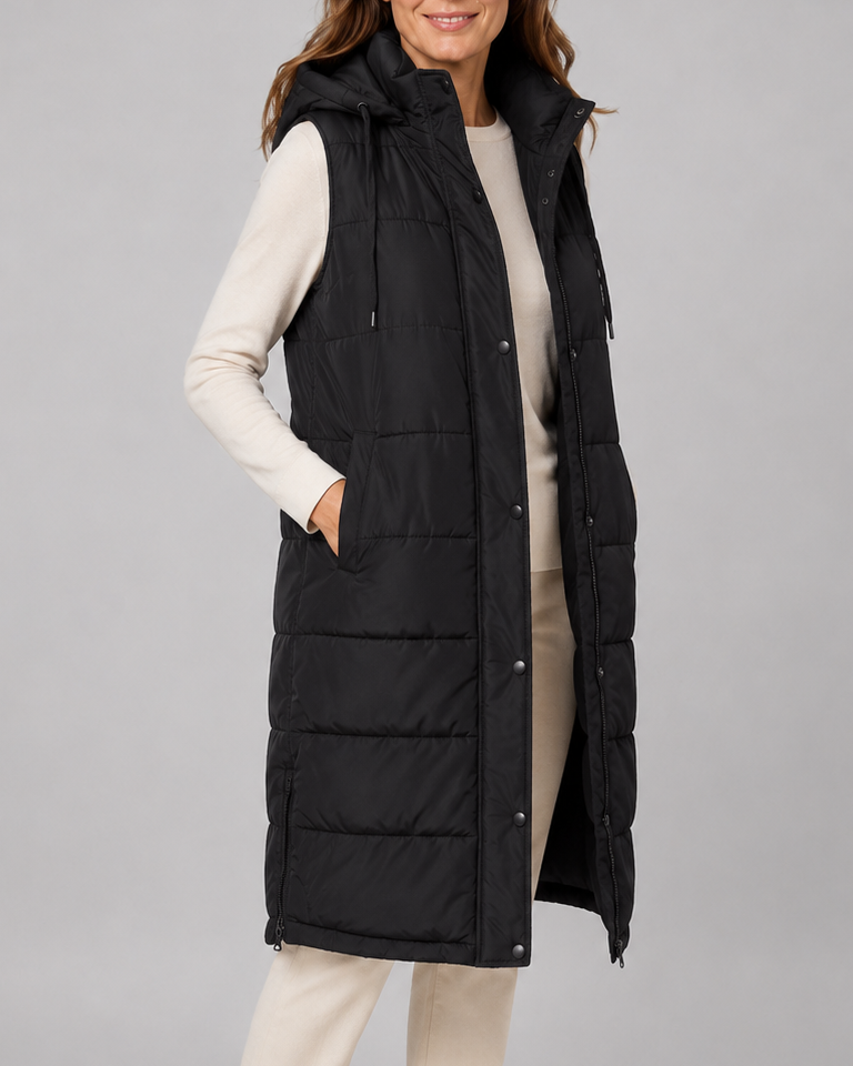 Women's Longline Puffer Gilet with Hood and High Collar