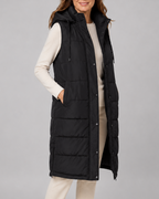 Women's Longline Puffer Gilet with Hood and High Collar