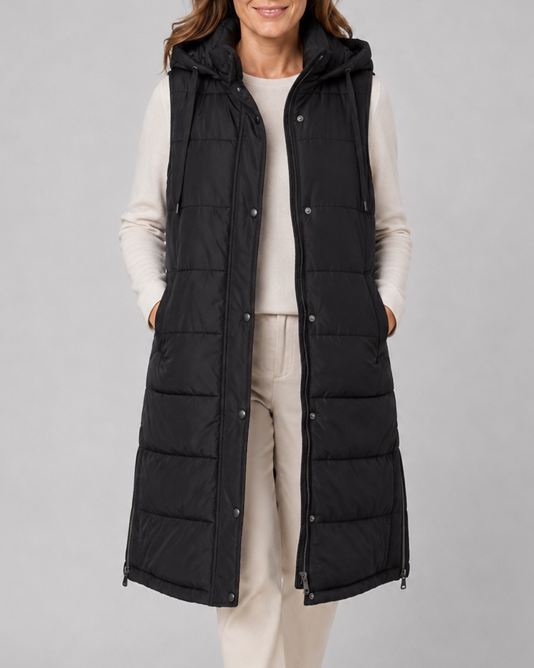 Women's Longline Puffer Gilet with Hood and High Collar