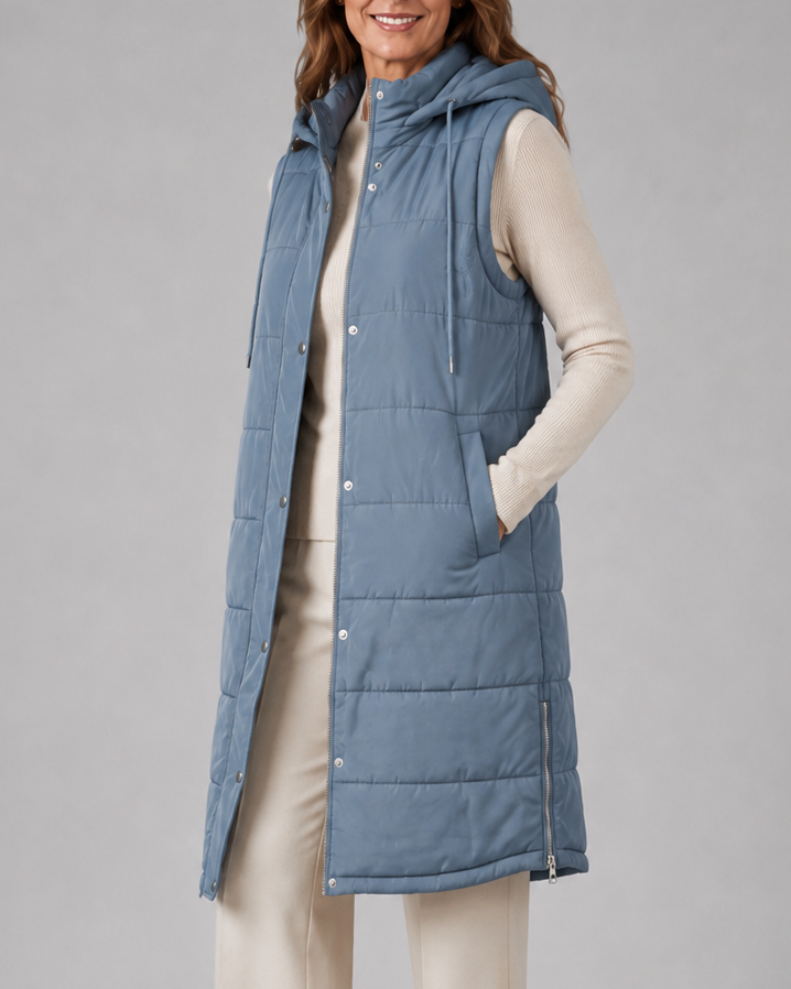 Women's Longline Puffer Gilet with Hood and High Collar
