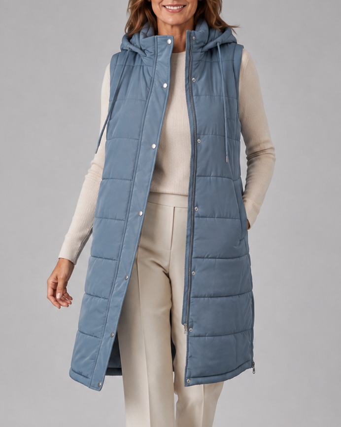Women's Longline Puffer Gilet with Hood and High Collar
