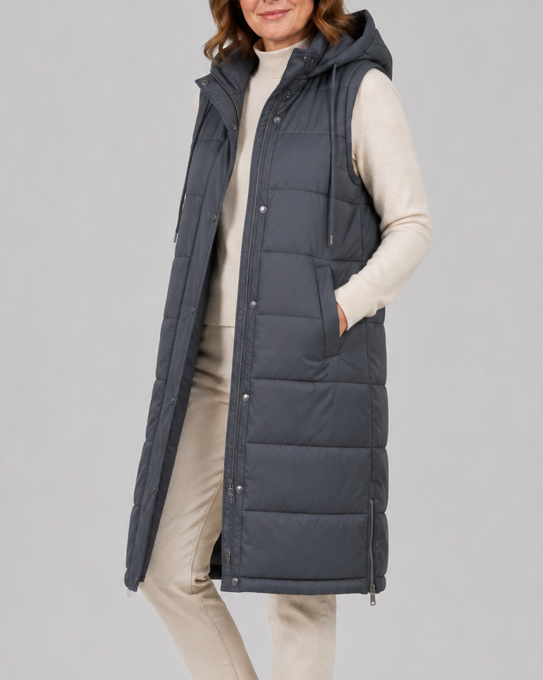 Women's Longline Puffer Gilet with Hood and High Collar
