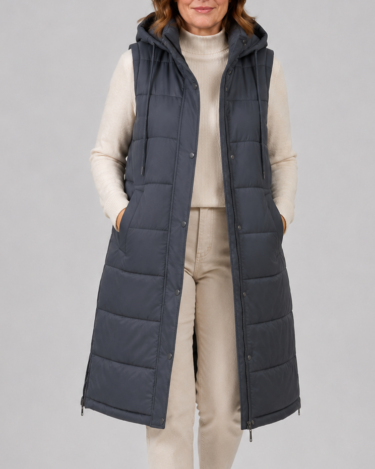 Women's Longline Puffer Gilet with Hood and High Collar