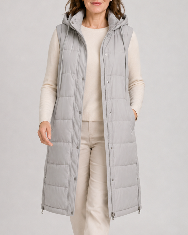 Women's Longline Puffer Gilet with Hood and High Collar