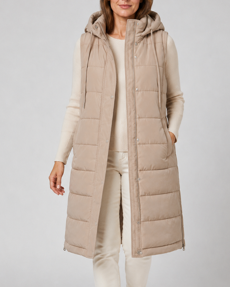 Women's Longline Puffer Gilet with Hood and High Collar