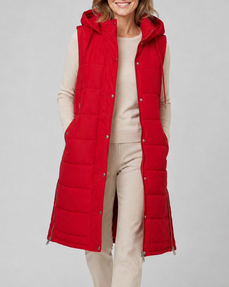 Women's Longline Puffer Gilet with Hood and High Collar