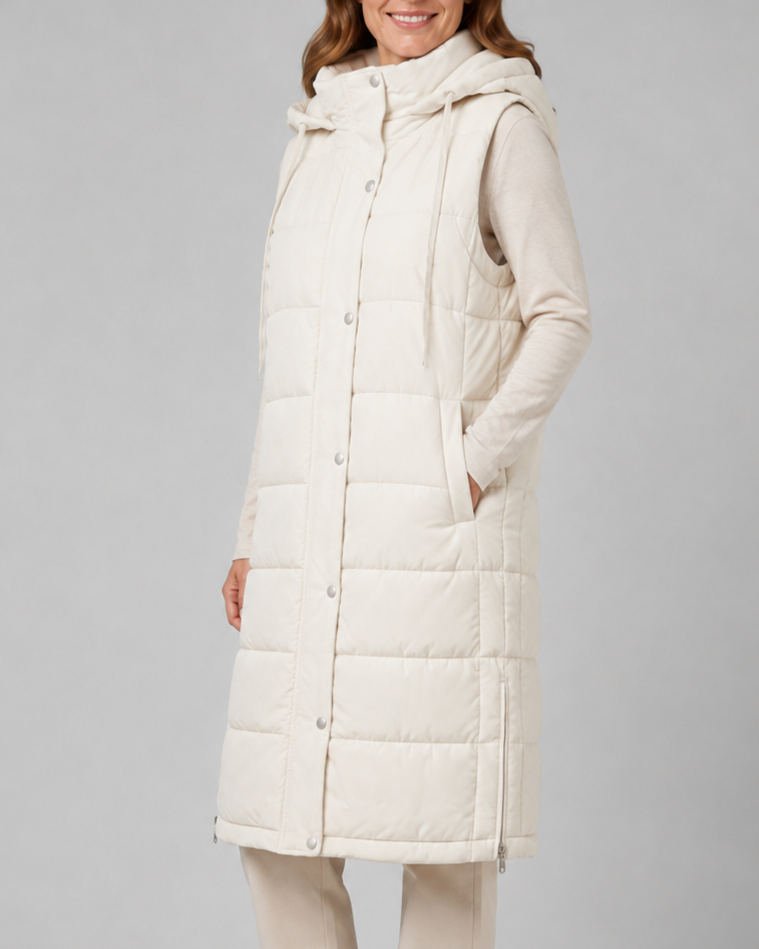 Women's Longline Puffer Gilet with Hood and High Collar