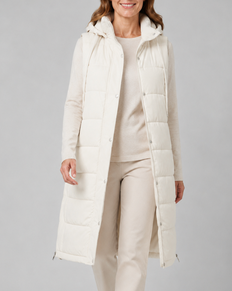 Women's Longline Puffer Gilet with Hood and High Collar