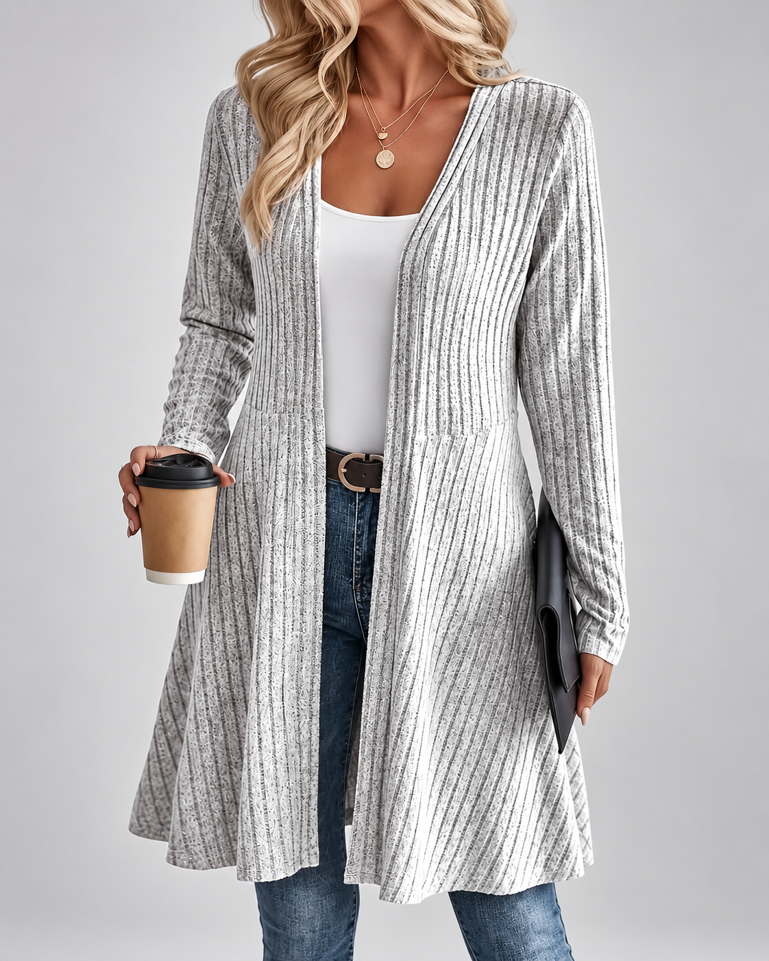 Women's Longline Ribbed Knit Cardigan with Open Front