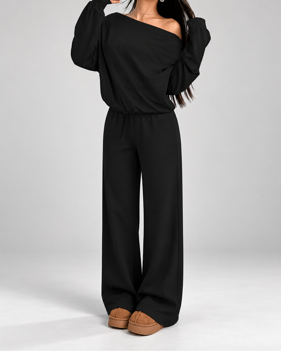 Women's Off Shoulder Knit Matching Set with Cropped Top and Wide Leg Trousers
