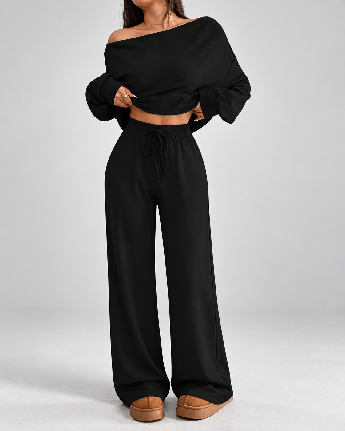 Women's Off Shoulder Knit Matching Set with Cropped Top and Wide Leg Trousers