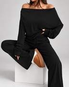 Women's Off Shoulder Knit Matching Set with Cropped Top and Wide Leg Trousers