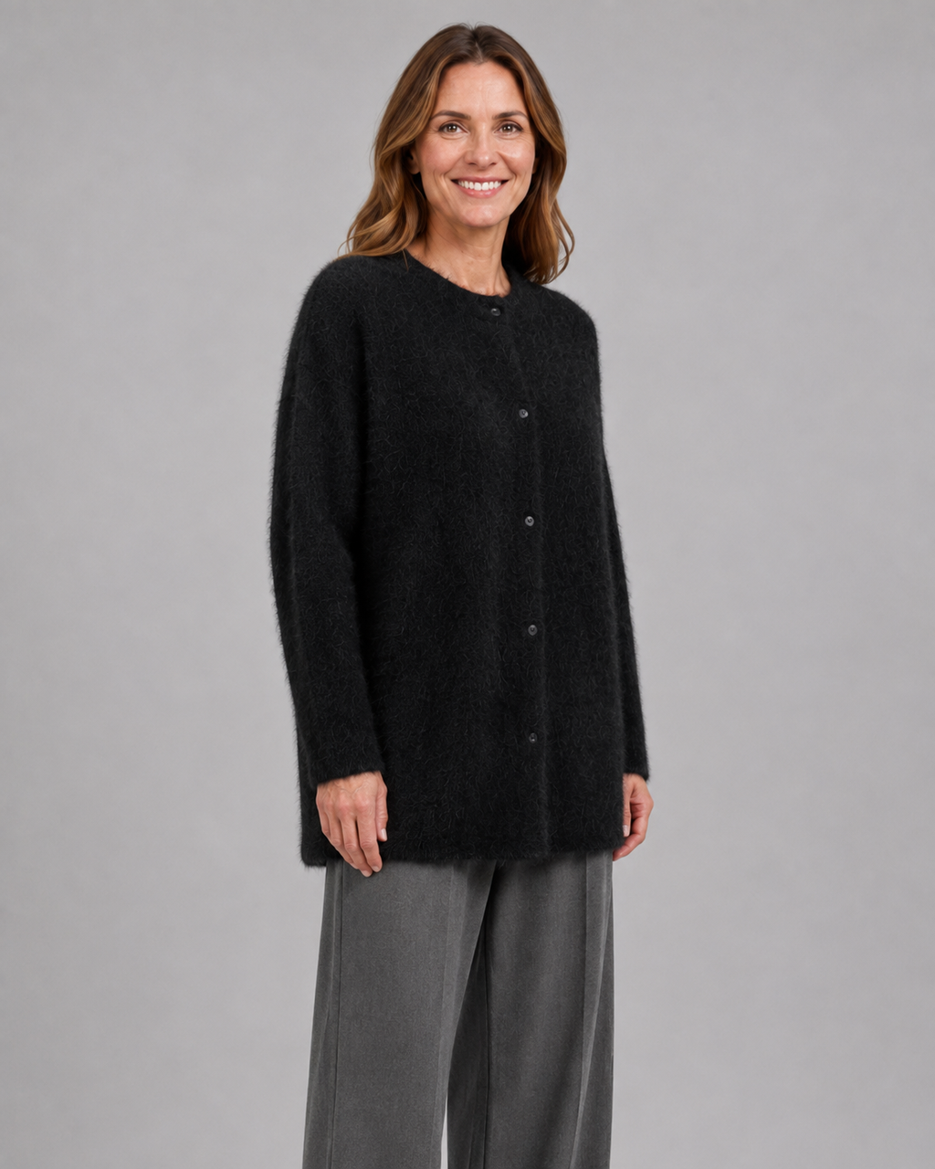 Women's Button Up Longline Knit Cardigan with Round Neck