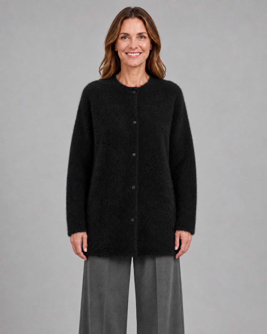 Women's Button Up Longline Knit Cardigan with Round Neck