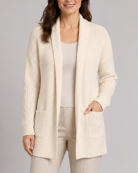 Women's Long Open Front Ribbed Knit Cardigan with Pockets