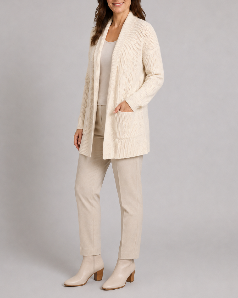 Women's Long Open Front Ribbed Knit Cardigan with Pockets
