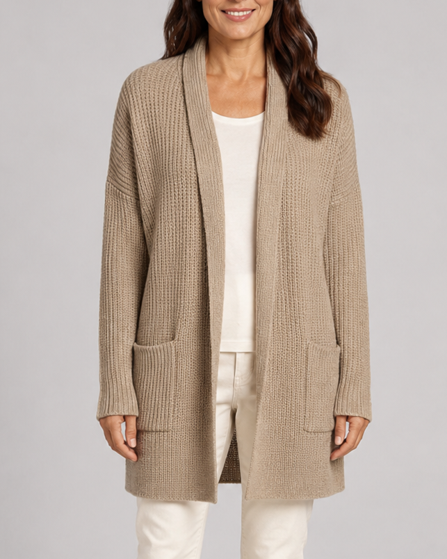 Women's Long Open Front Ribbed Knit Cardigan with Pockets