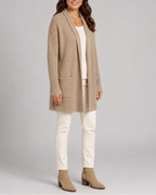 Women's Long Open Front Ribbed Knit Cardigan with Pockets