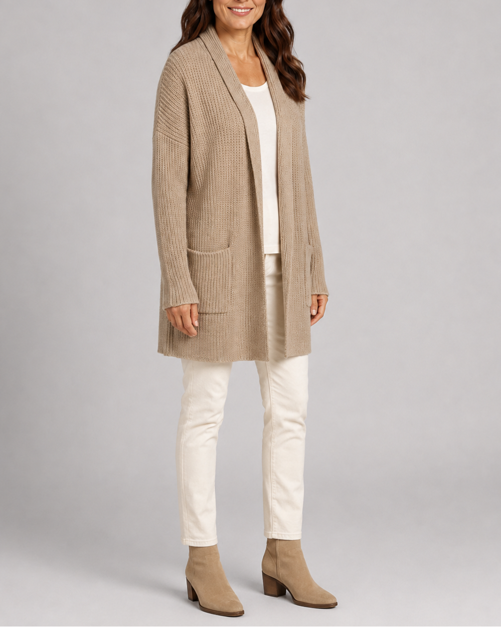 Women's Long Open Front Ribbed Knit Cardigan with Pockets
