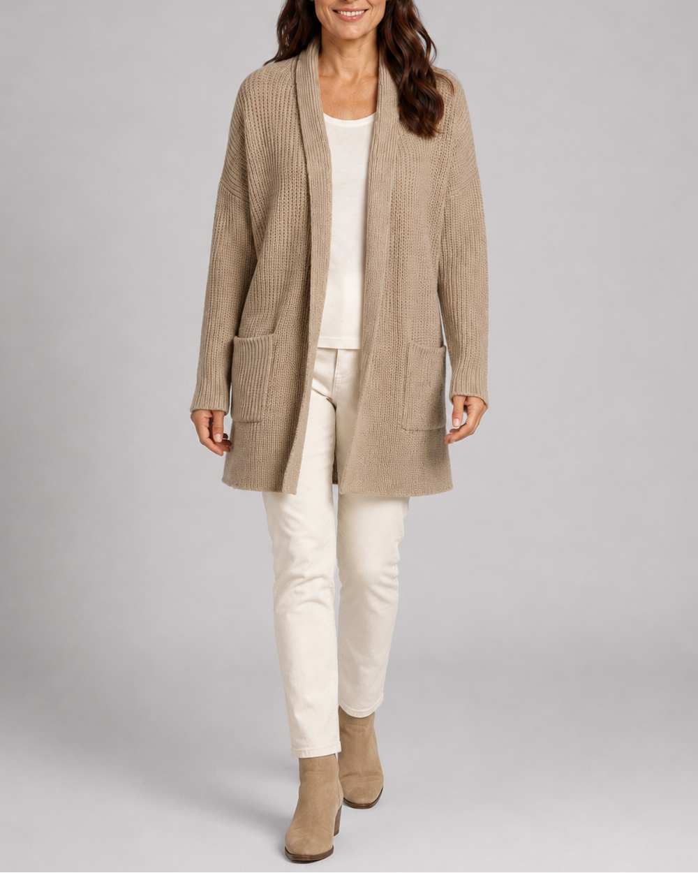 Women's Long Open Front Ribbed Knit Cardigan with Pockets