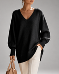 Women's Oversized Soft Knit V Neck Jumper with Balloon Sleeves & Ribbed Hem