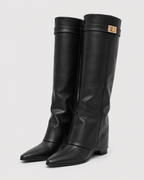 Women's Pointed Toe Knee High Boots with Buckle Strap