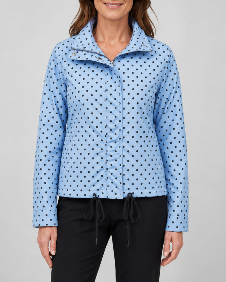 Women's Polka Dot Bomber Jacket with Stand Collar and Zip Front