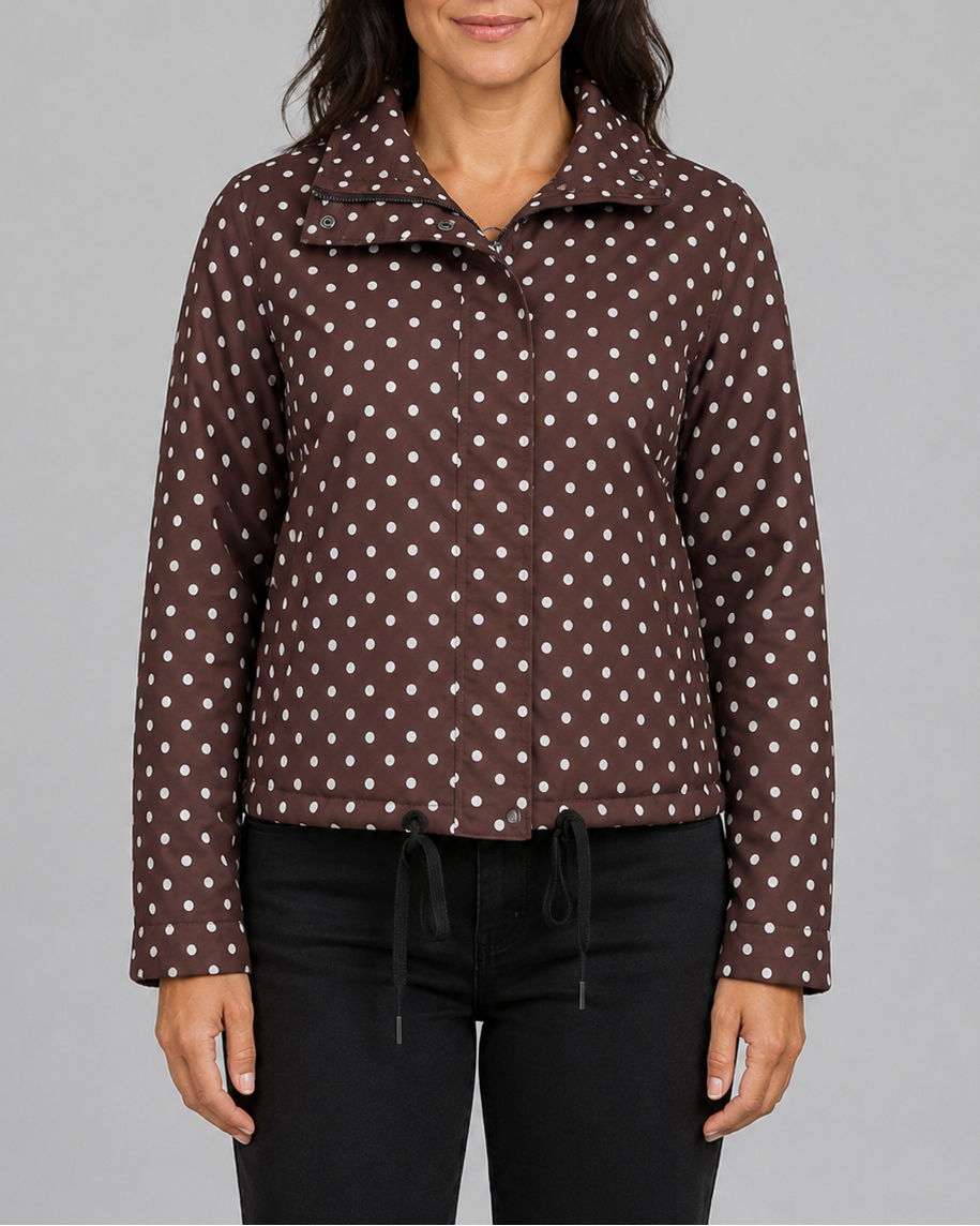 Women's Polka Dot Bomber Jacket with Stand Collar and Zip Front