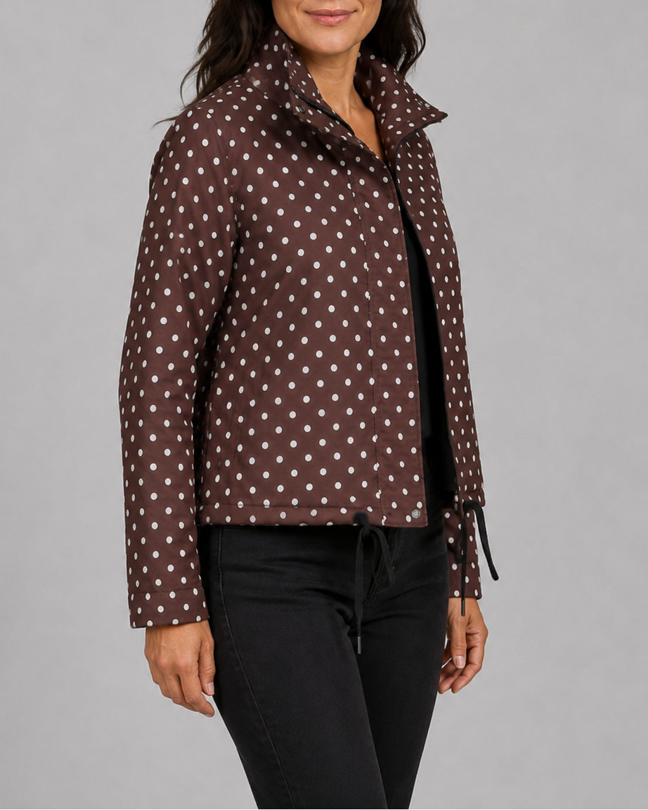 Women's Polka Dot Bomber Jacket with Stand Collar and Zip Front
