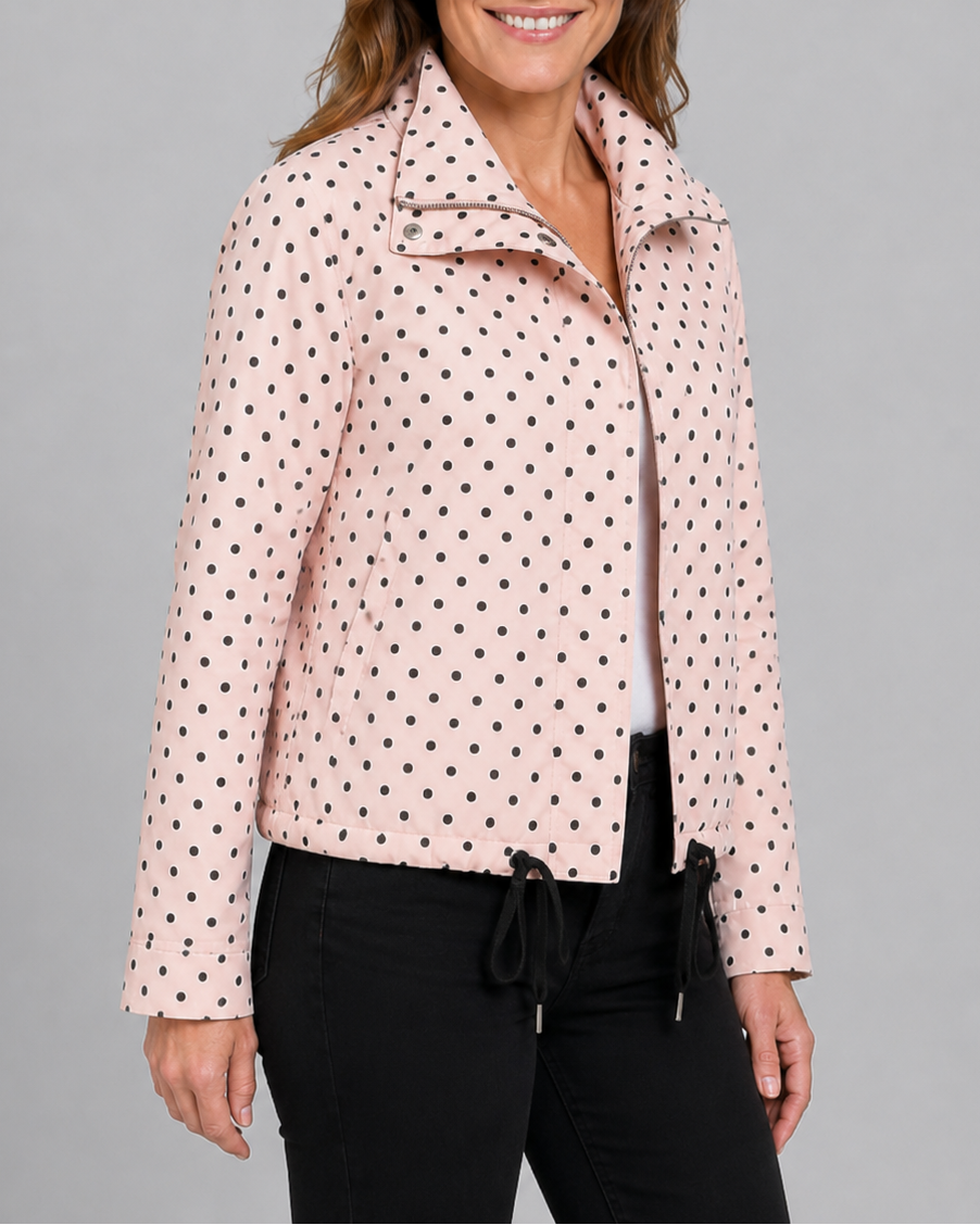 Women's Polka Dot Bomber Jacket with Stand Collar and Zip Front
