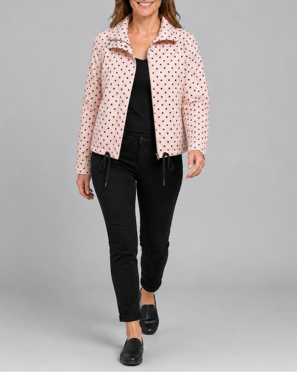 Women's Polka Dot Bomber Jacket with Stand Collar and Zip Front