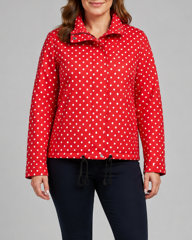Women's Polka Dot Bomber Jacket with Stand Collar and Zip Front