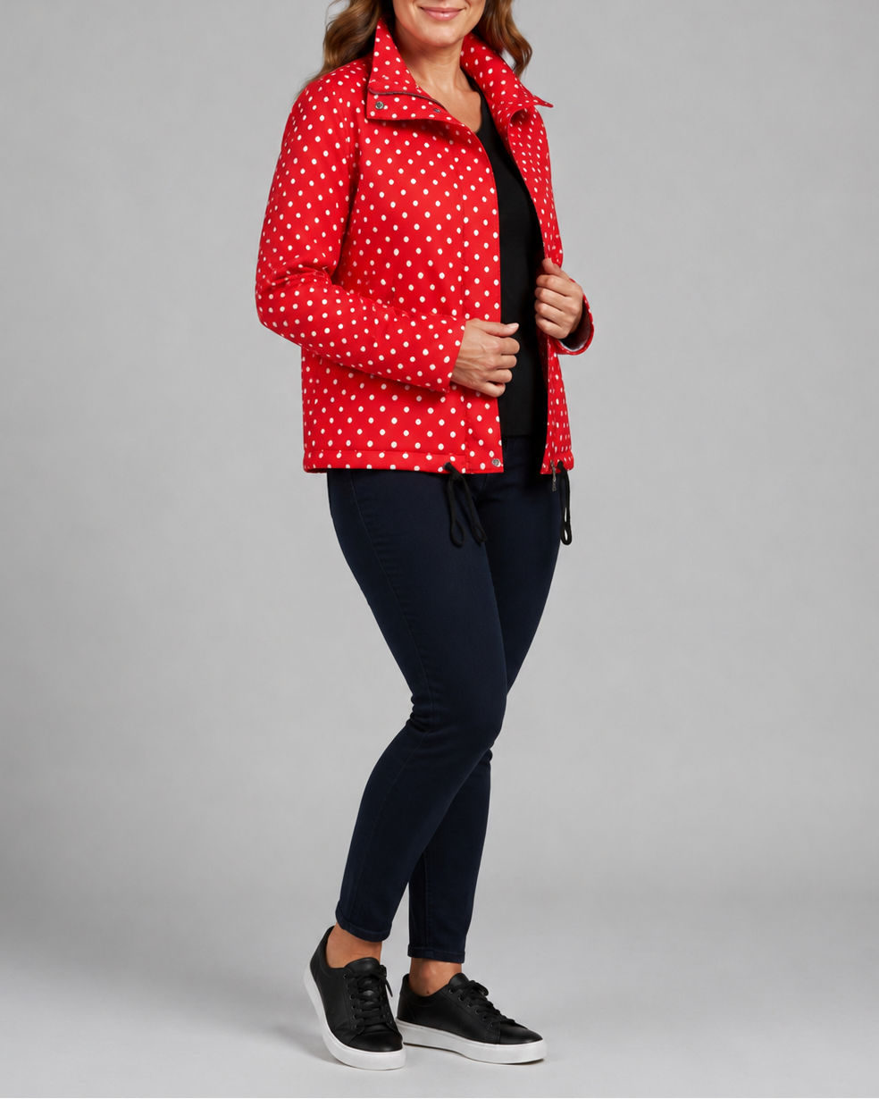 Women's Polka Dot Bomber Jacket with Stand Collar and Zip Front