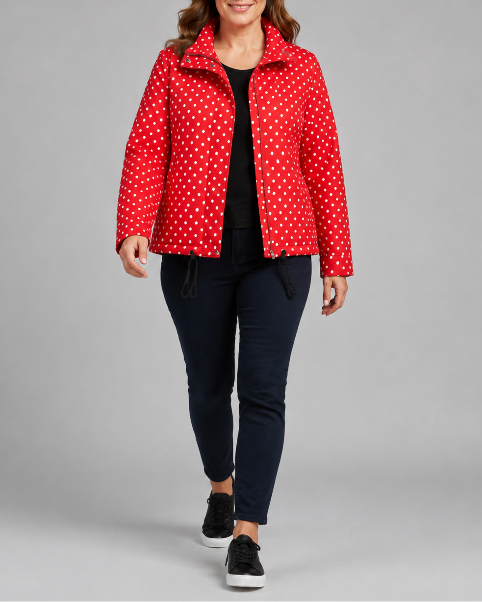 Women's Polka Dot Bomber Jacket with Stand Collar and Zip Front
