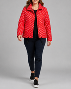 Women's Polka Dot Bomber Jacket with Stand Collar and Zip Front