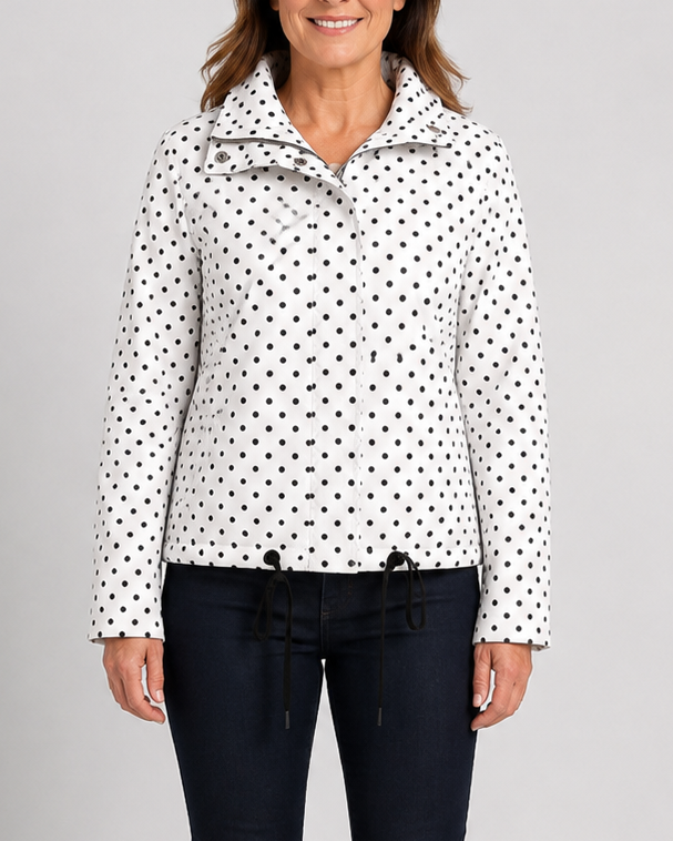 Women's Polka Dot Bomber Jacket with Stand Collar and Zip Front