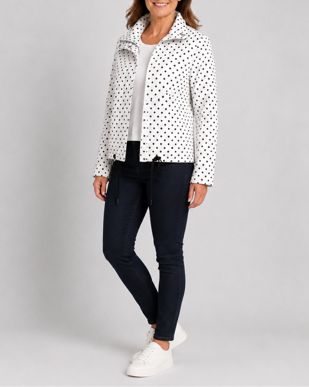 Women's Polka Dot Bomber Jacket with Stand Collar and Zip Front