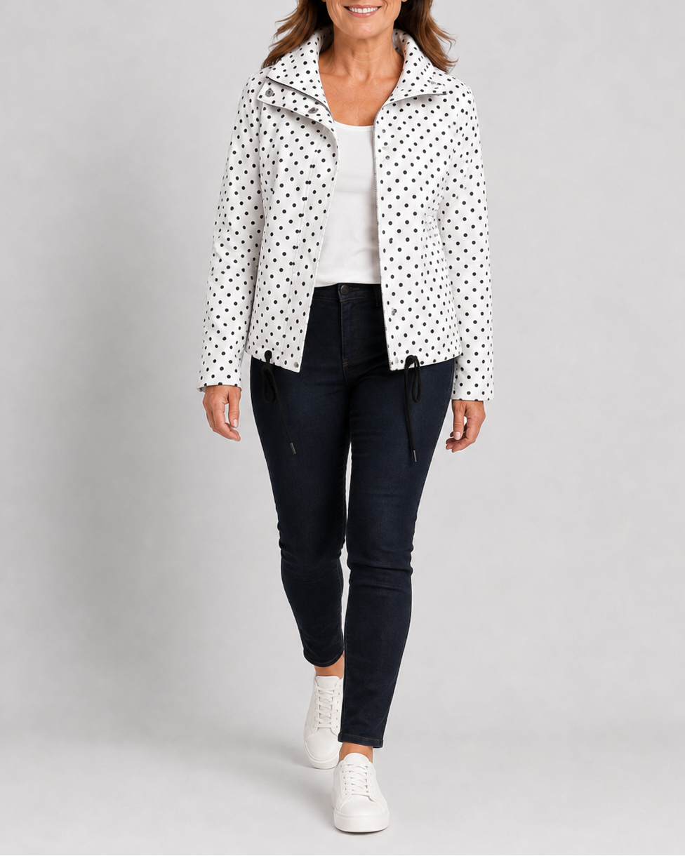 Women's Polka Dot Bomber Jacket with Stand Collar and Zip Front