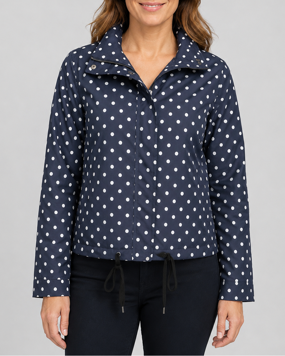 Women's Polka Dot Bomber Jacket with Stand Collar and Zip Front