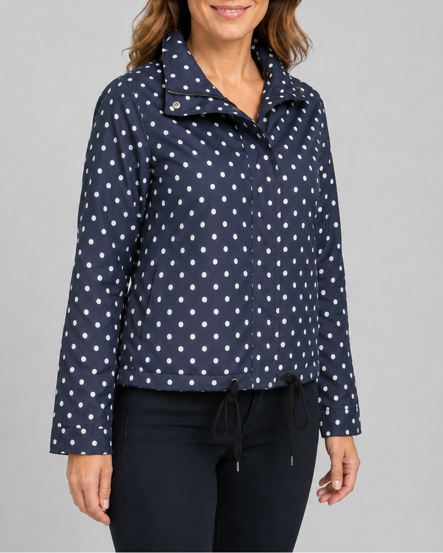 Women's Polka Dot Bomber Jacket with Stand Collar and Zip Front