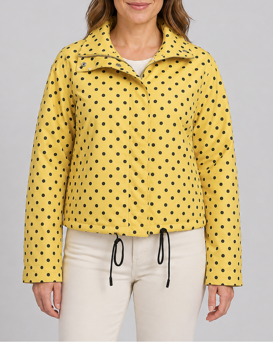 Women's Polka Dot Bomber Jacket with Stand Collar and Zip Front