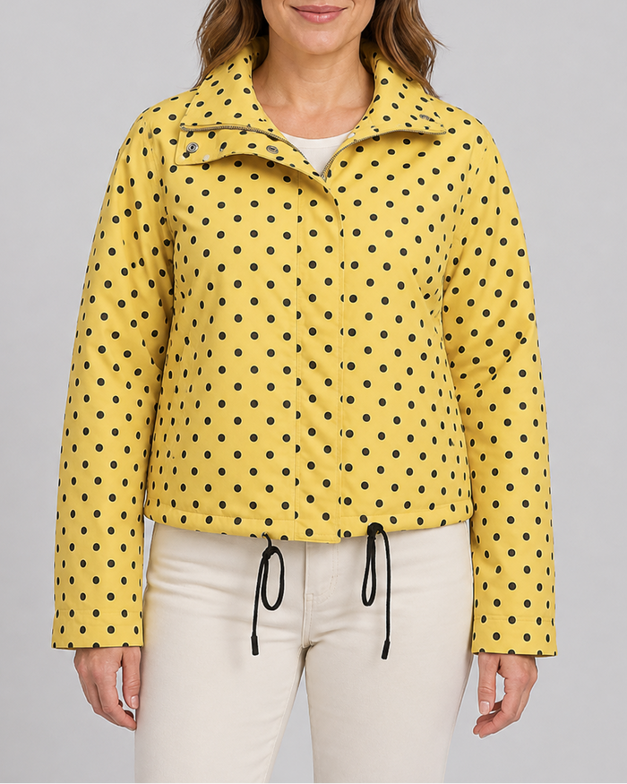 Women's Polka Dot Bomber Jacket with Stand Collar and Zip Front