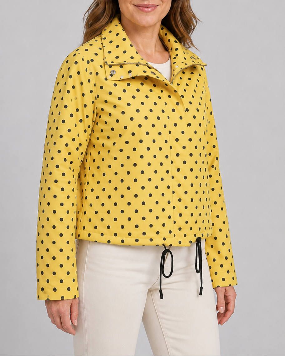 Women's Polka Dot Bomber Jacket with Stand Collar and Zip Front
