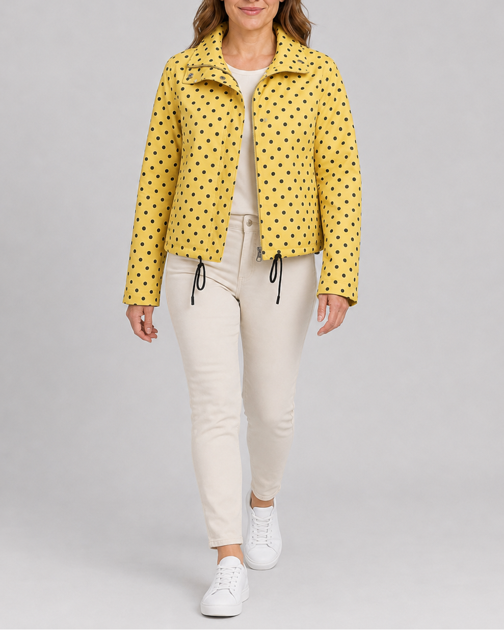 Women's Polka Dot Bomber Jacket with Stand Collar and Zip Front