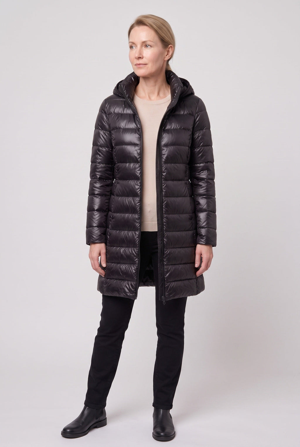 Women's Hooded Longline Puffer Jacket with Zip Front
